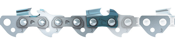 Catena Picco Super 3 PS3 di STIHL con denti a sgorbia in evidenza, mostrata su sfondo neutro