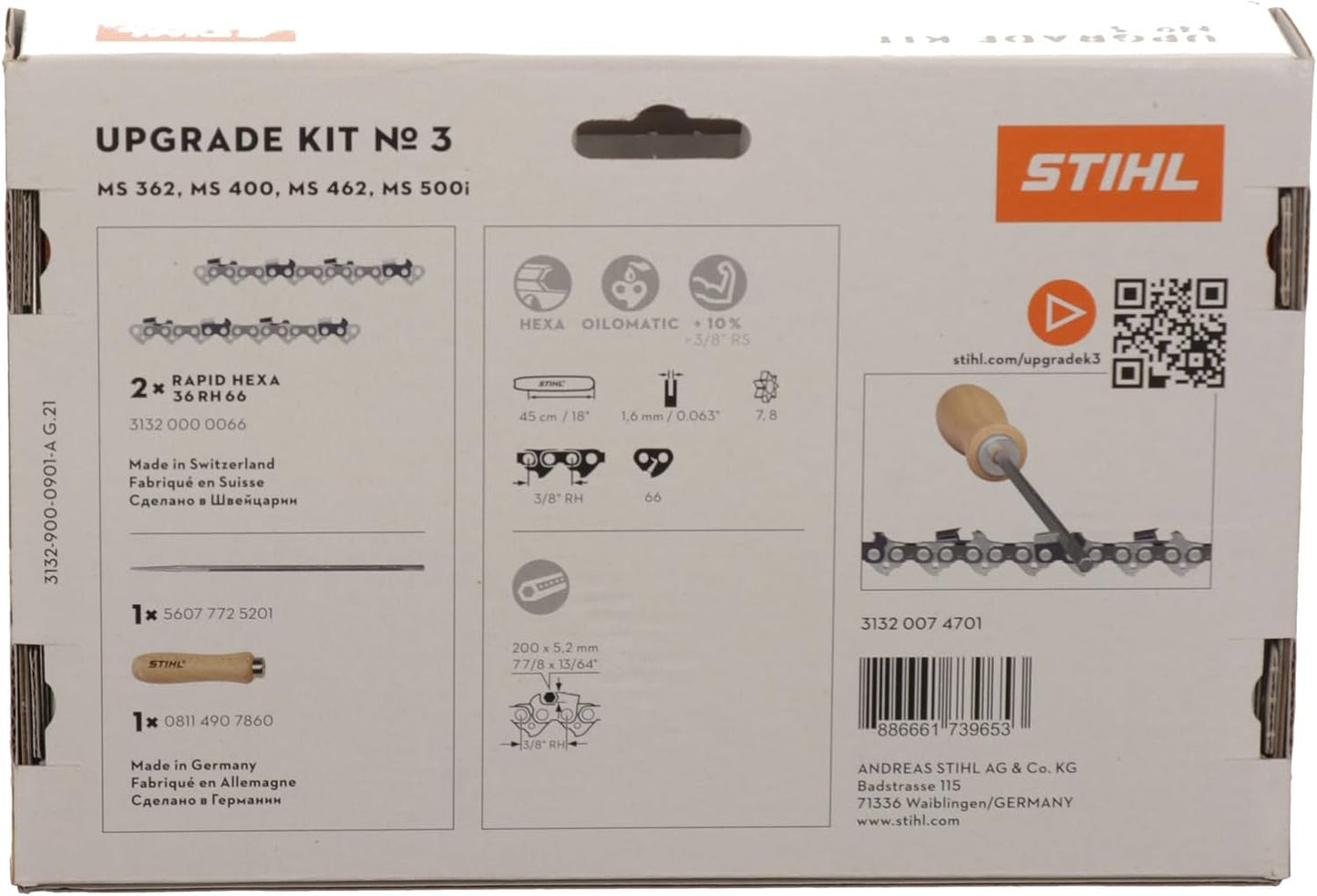 STIHL Upgrade Kit No. 3 per motoseghe MS 362, MS 400, MS 462, MS 500i. Include 2 catene Rapid Hexa 36 RH 66, una lima e un manico. Fabbricato in Svizzera e Germania. Codice prodotto: 3132 000 0066. Ottimizza prestazioni e durata.