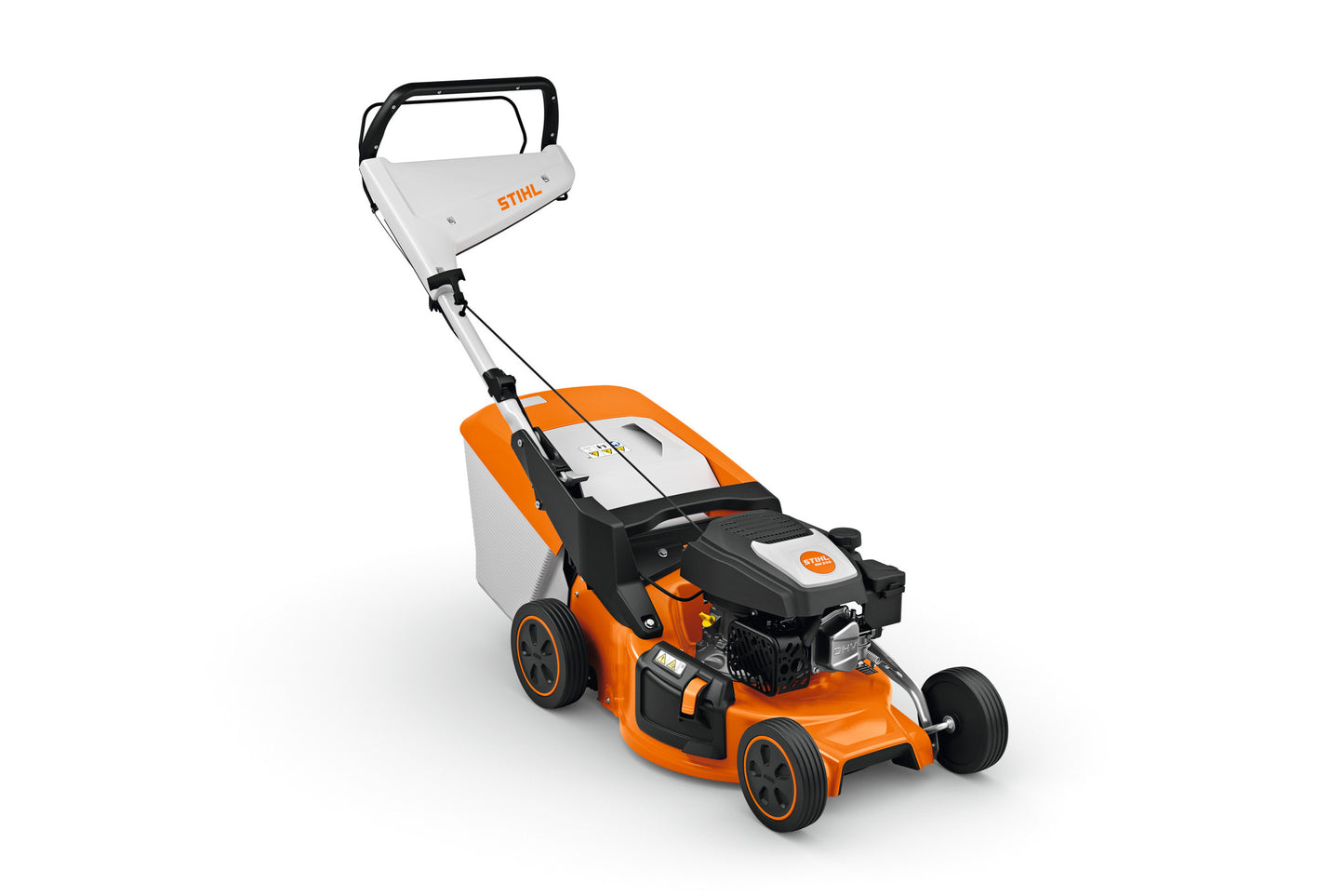 Tosaerba a scoppio STIHL RM 248 da vista laterale con cesto raccoglierba