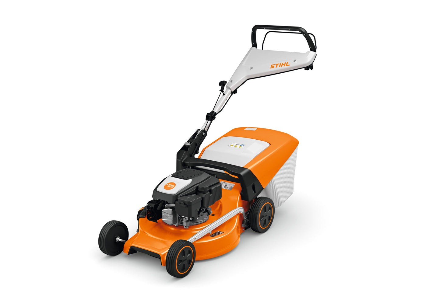 Dettaglio laterale del tosaerba Stihl RM 253, mostrando la struttura robusta e il design ergonomico