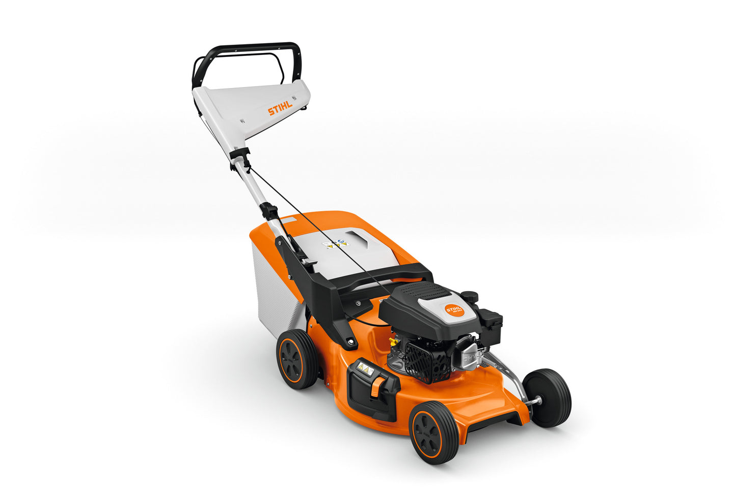 Vista frontale del tosaerba a scoppio Stihl RM 253 con specifiche tecniche visibili