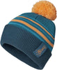 Berretto invernale a righe blu e arancioni con pompon arancione, ideale per tenere la testa al caldo. Design moderno e sportivo, perfetto per attività all'aperto e casual. Accessorio moda autunno-inverno.