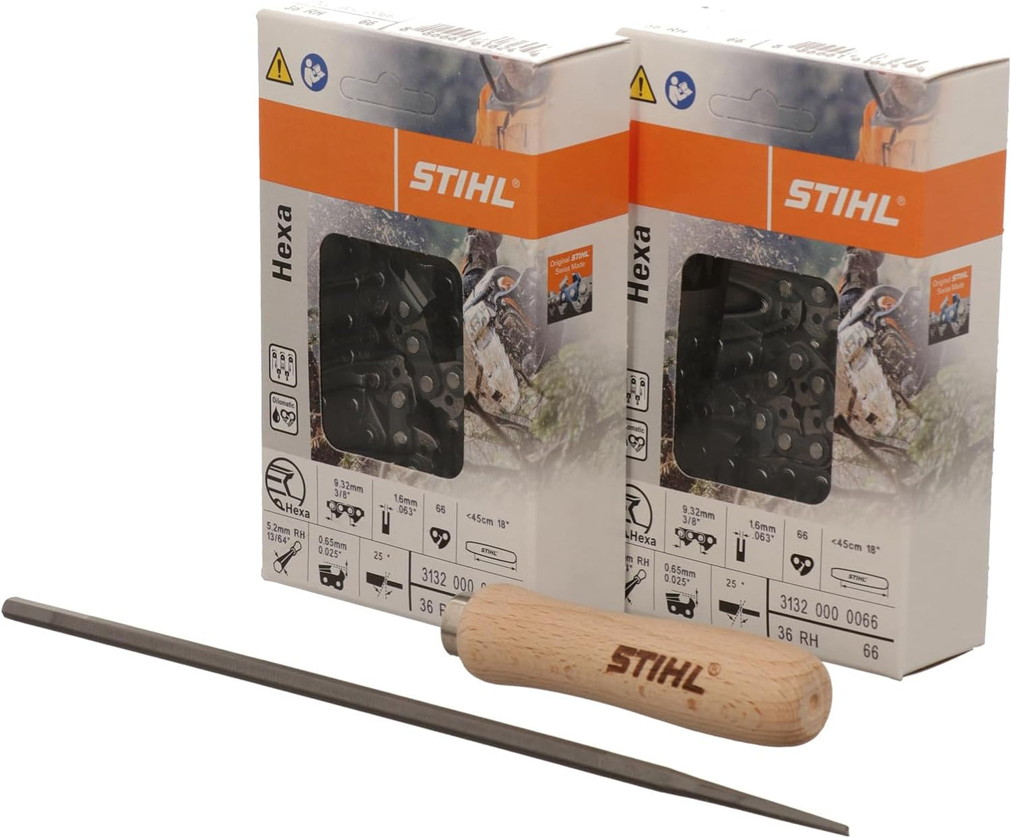 Due confezioni di catene per motoseghe Stihl Hexa con una lima inclusa, specifiche tecniche: passo 3/8'', calibro 0.063'', lunghezza barra fino a 18''. Ideale per taglio legno, alta qualità e durata. Codice prodotto 3132 000 0066.
