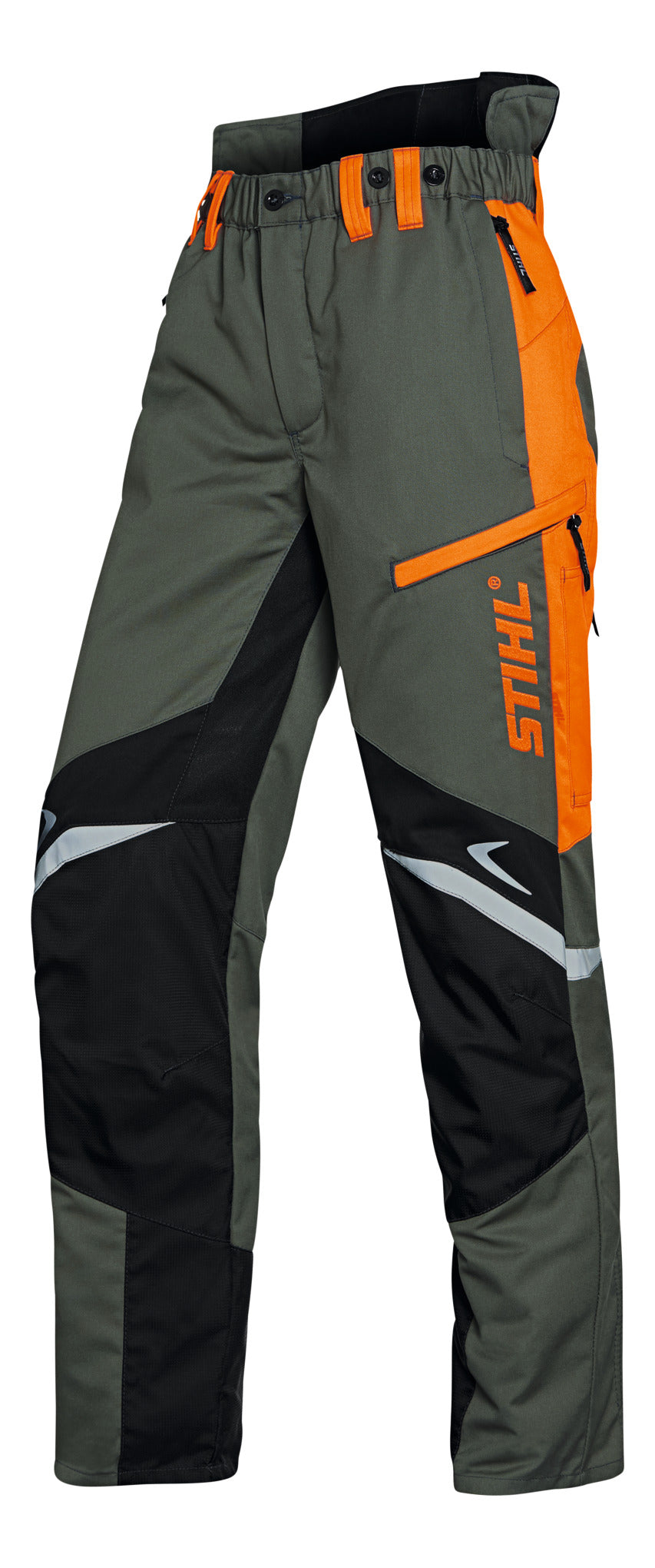 Dettaglio dei Pantaloni Function Ergo di Stihl in tonalità verde e arancione, mostra la robustezza del tessuto e le tasche con chiusura lampo.