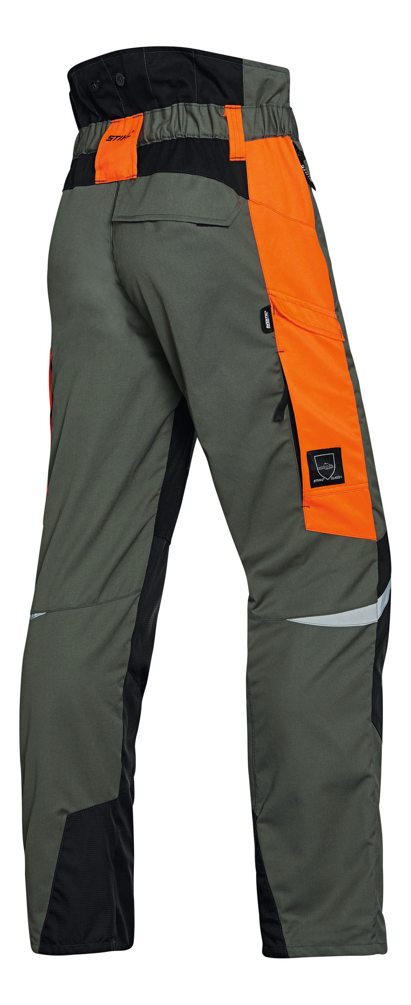 Vista laterale dei Pantaloni Function Ergo di Stihl, evidenziando gli inserti elasticizzati e i rinforzi sulle ginocchia.