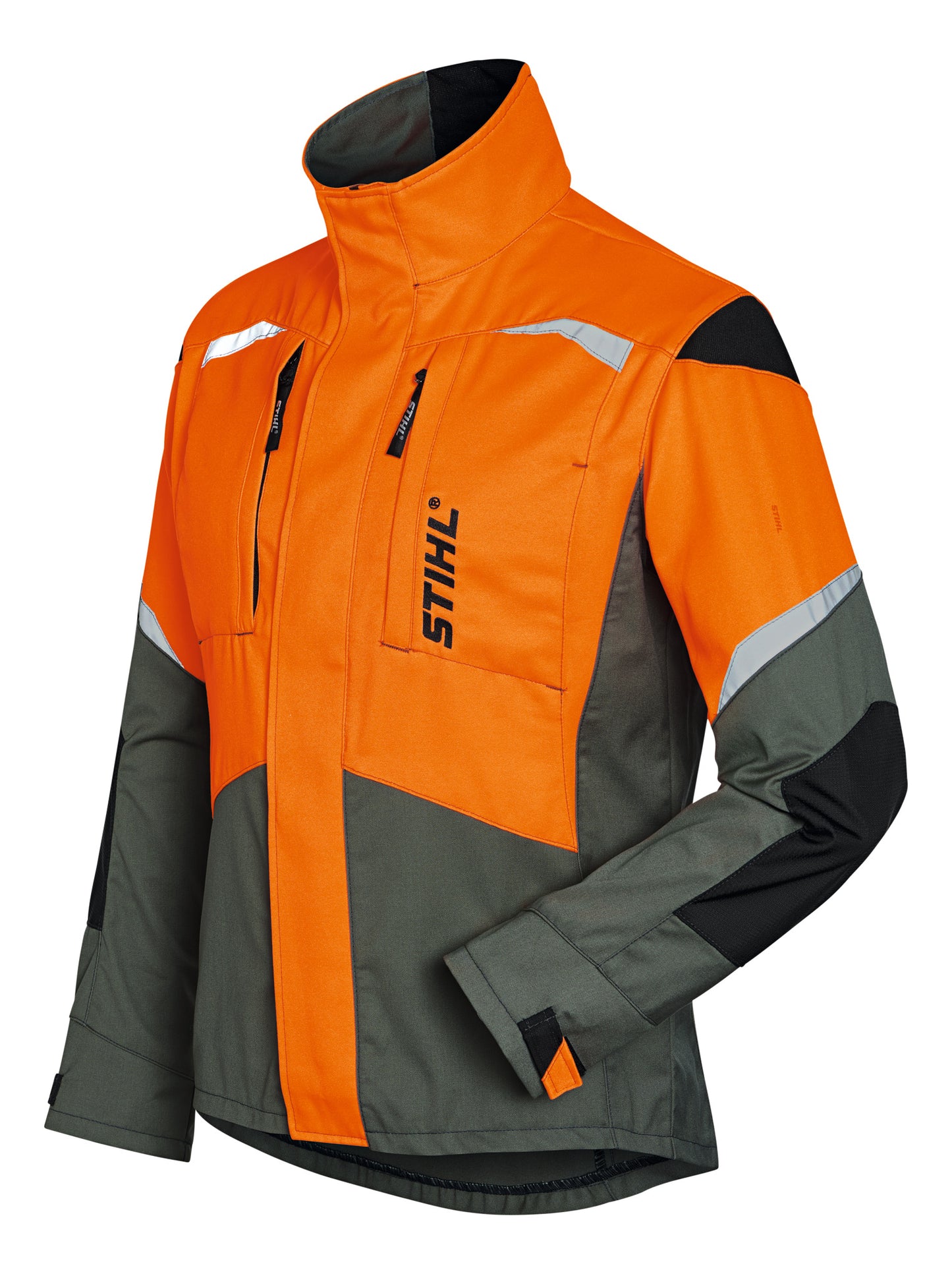 Vista frontale della Giacca Function Ergo STIHL in verde oliva, arancione e nero con dettagli riflettenti