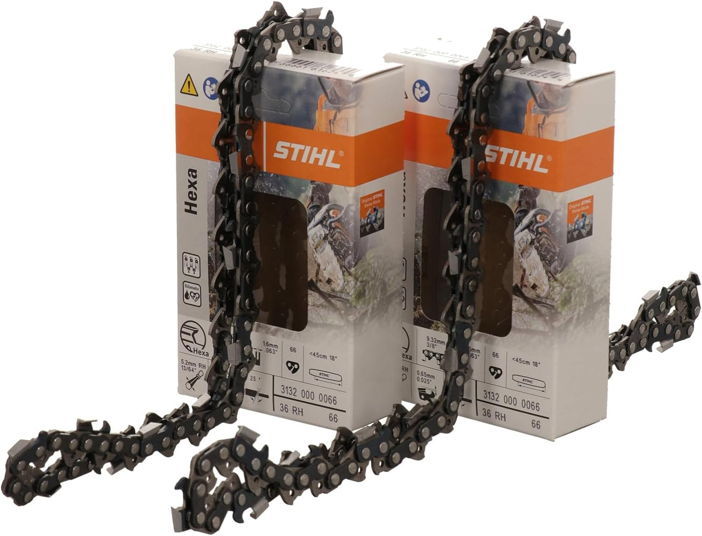Due confezioni di catene per motosega STIHL Hexa con catena in primo piano. Le confezioni mostrano specifiche tecniche e immagini di utilizzo. Ideale per taglio di legno e lavori forestali. Modello 3132 000 0066, misura 45 cm, 18 pollici, 66 maglie.