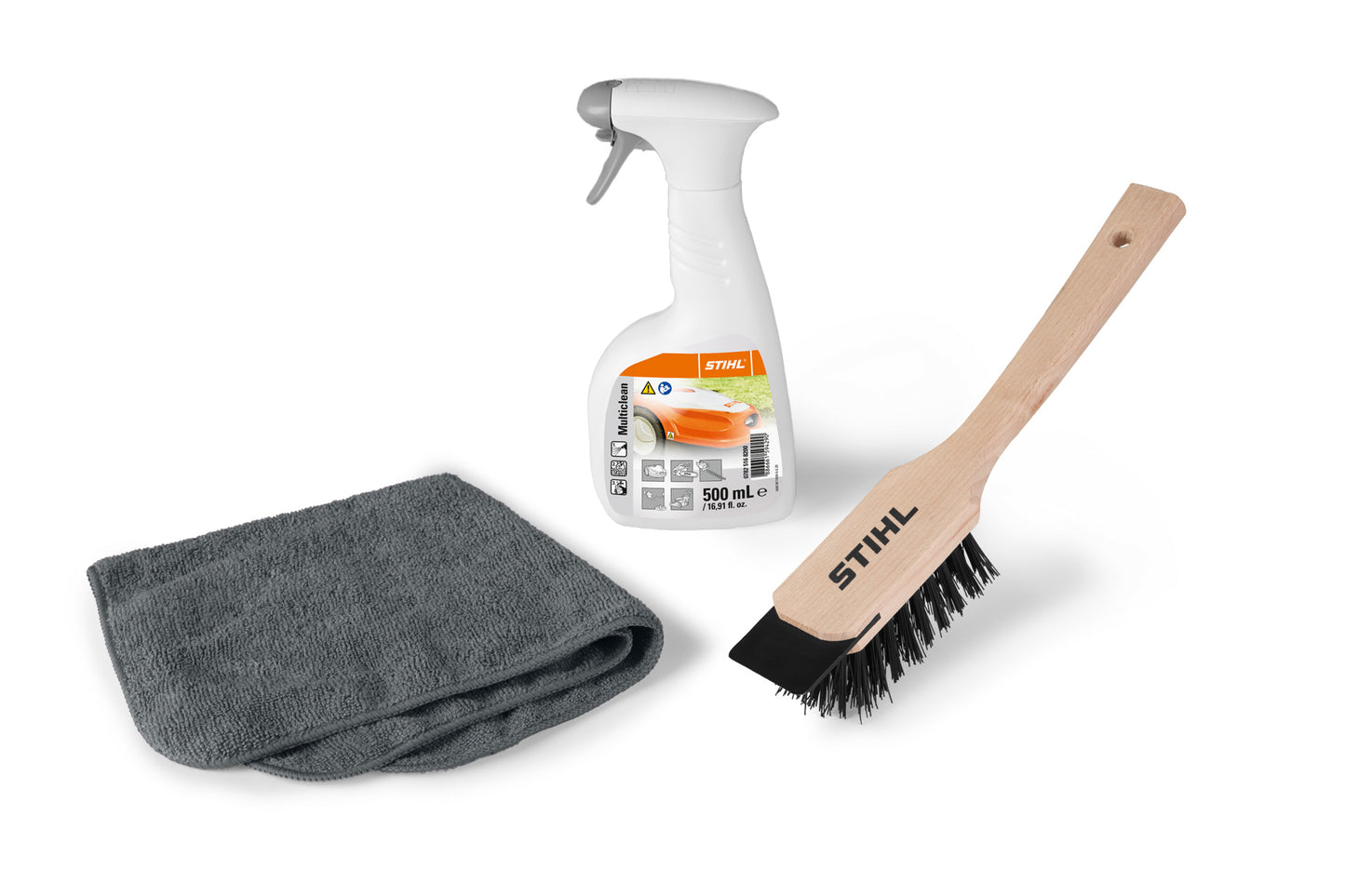 Vista del Kit Care & Clean per iMow, mostrando Multiclean, spazzola e panno in microfibra