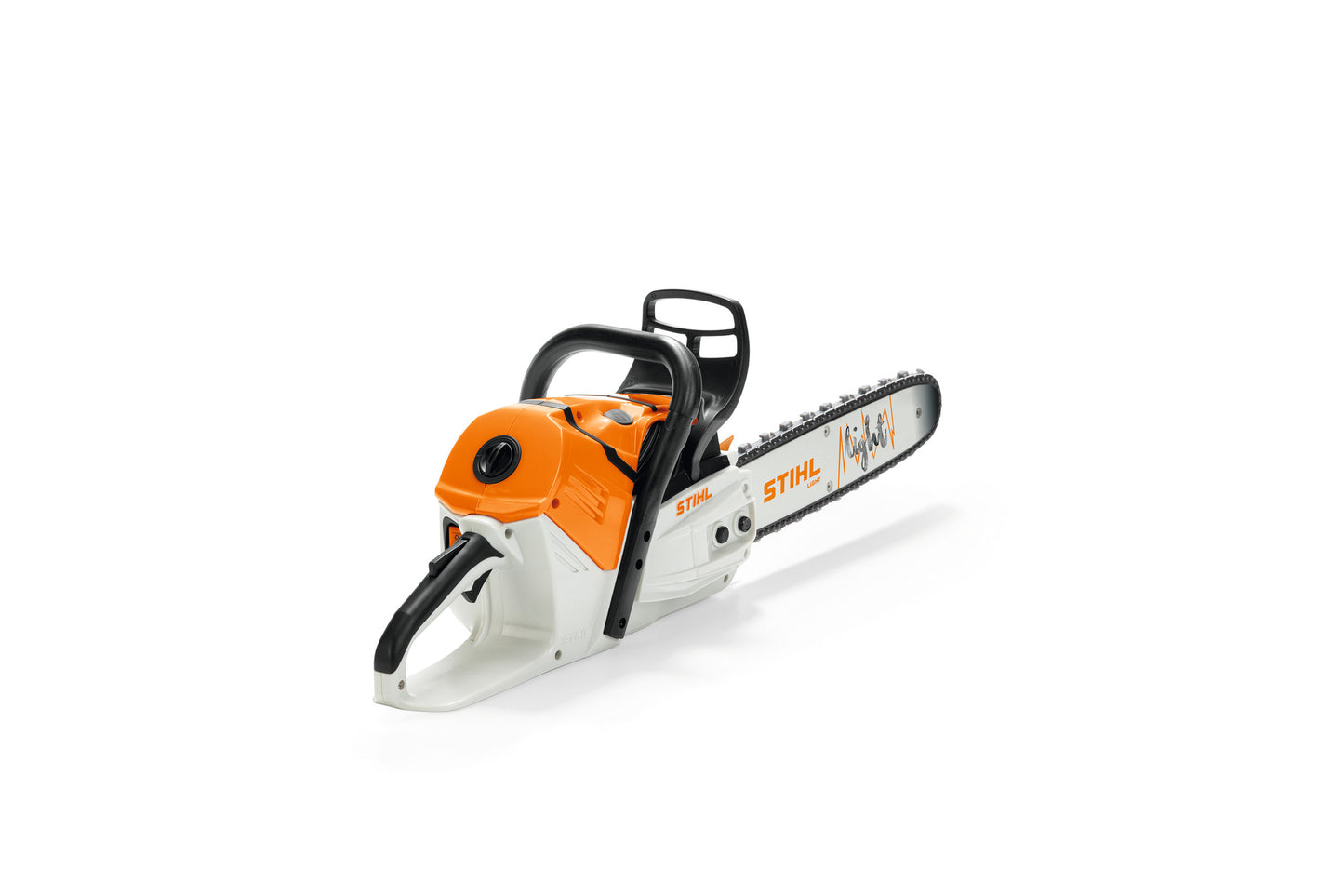 Motosega giocattolo a batteria Stihl con impugnatura arancione e dettagli blu