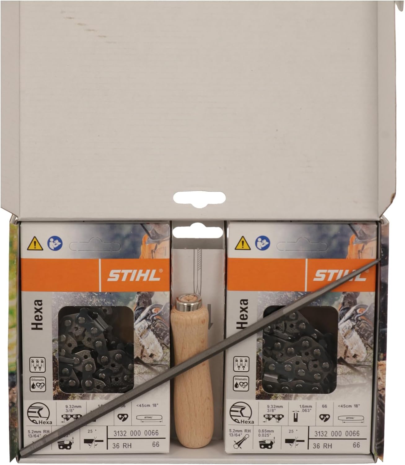 Confezione di catene per motosega STIHL Hexa con lima e manico in legno. Due scatole di catene 3/8" 66 maglie, 9.32 mm, 45 cm, 18 pollici. Accessori per motosega, manutenzione e affilatura, attrezzatura da giardinaggio.