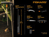 Immagine promozionale del sistema Fiskars QuikFit, con asta telescopica regolabile da 140 a 240 cm e accessori intercambiabili: sega curva, taglia-rami, sega dritta, pulisci grondaie e raccoglifrutta. Non compatibile con UPX82/UPX86.