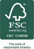 Certificazione FSC C108780, logo verde con albero stilizzato e testo