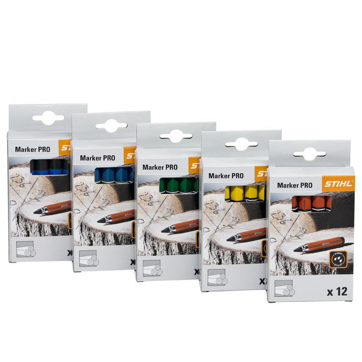 Immagine di gesso per marcatura Stihl su una superficie di legno, dimostrando la vivacità del colore.