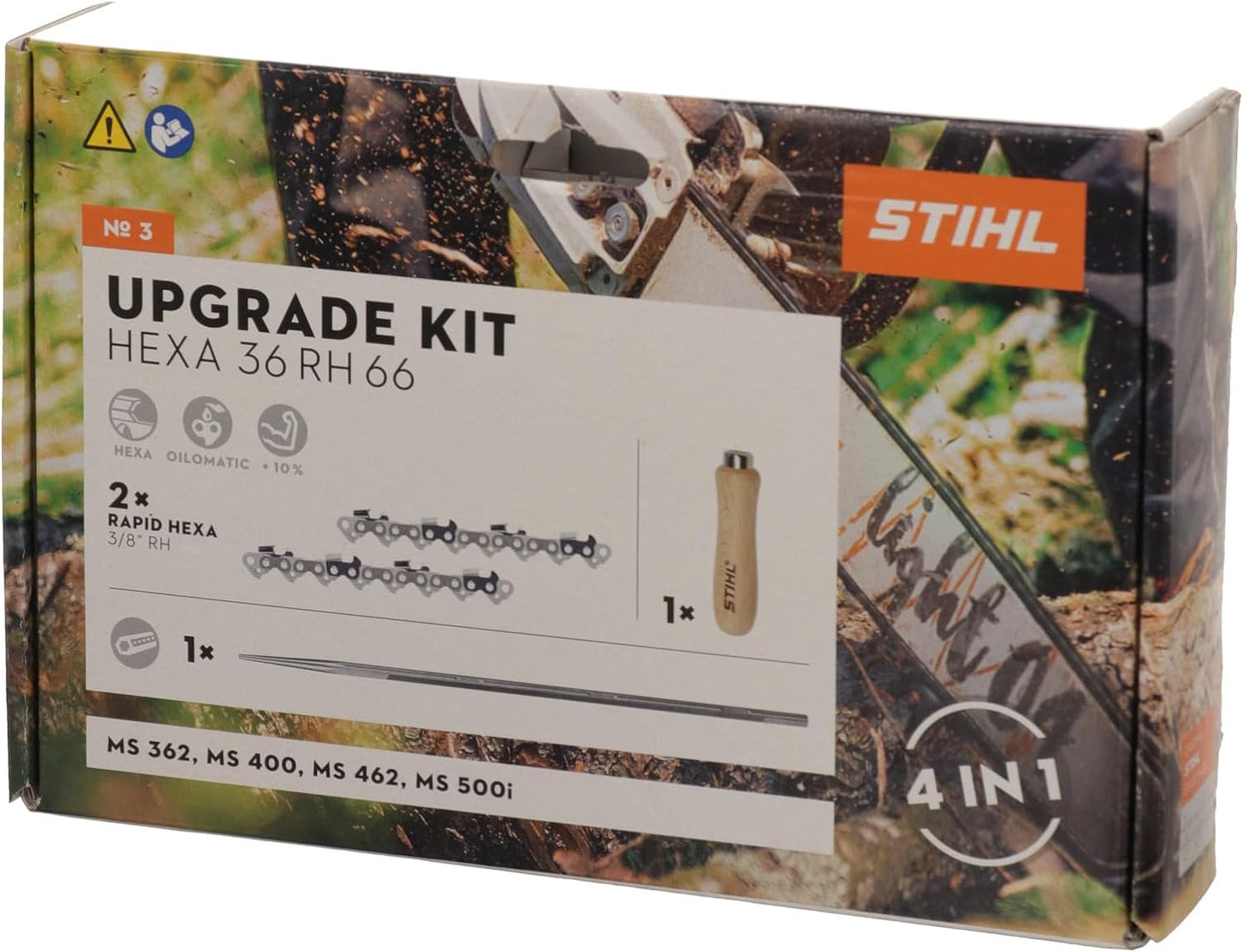 Immagine di un kit di aggiornamento STIHL Hexa 36 RH 66 per motoseghe, contenente due catene Rapid Hexa 3/8" RH, un manico in legno STIHL e una lima. Compatibile con modelli MS 362, MS 400, MS 462, MS 500i.