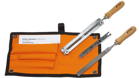 Set per affilatura Stihl con lima tonda, lima piatta e dima, conservato in una custodia robusta