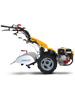 Motocoltivatore Pasquali SB28 PowerSafe giallo e nero, dotato di motore frontale e pneumatici robusti, progettato per lavori agricoli su terreni impegnativi. Equipaggiato con manubrio ergonomico e comandi di sicurezza, offre elevata efficienza e affidabilità grazie alla protezione della fresa e alla struttura resistente.