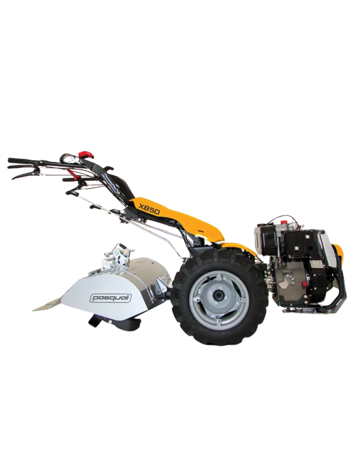 Motocoltivatore Pasquali XB50 PowerSafe giallo e nero, con motore frontale e grandi pneumatici, ideale per l’agricoltura su terreni impegnativi. Dotato di manubrio ergonomico e comandi di sicurezza avanzati, offre elevate prestazioni e durabilità grazie alla robusta protezione della fresa e alla struttura rinforzata.