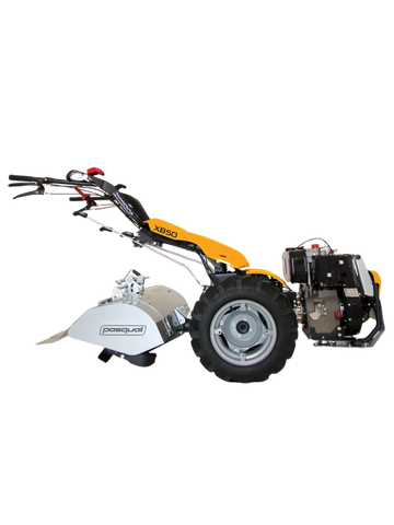Motocoltivatore Pasquali XB50 PowerSafe giallo e nero, con motore frontale e grandi pneumatici, ideale per l’agricoltura su terreni impegnativi. Dotato di manubrio ergonomico e comandi di sicurezza avanzati, offre elevate prestazioni e durabilità grazie alla robusta protezione della fresa e alla struttura rinforzata.