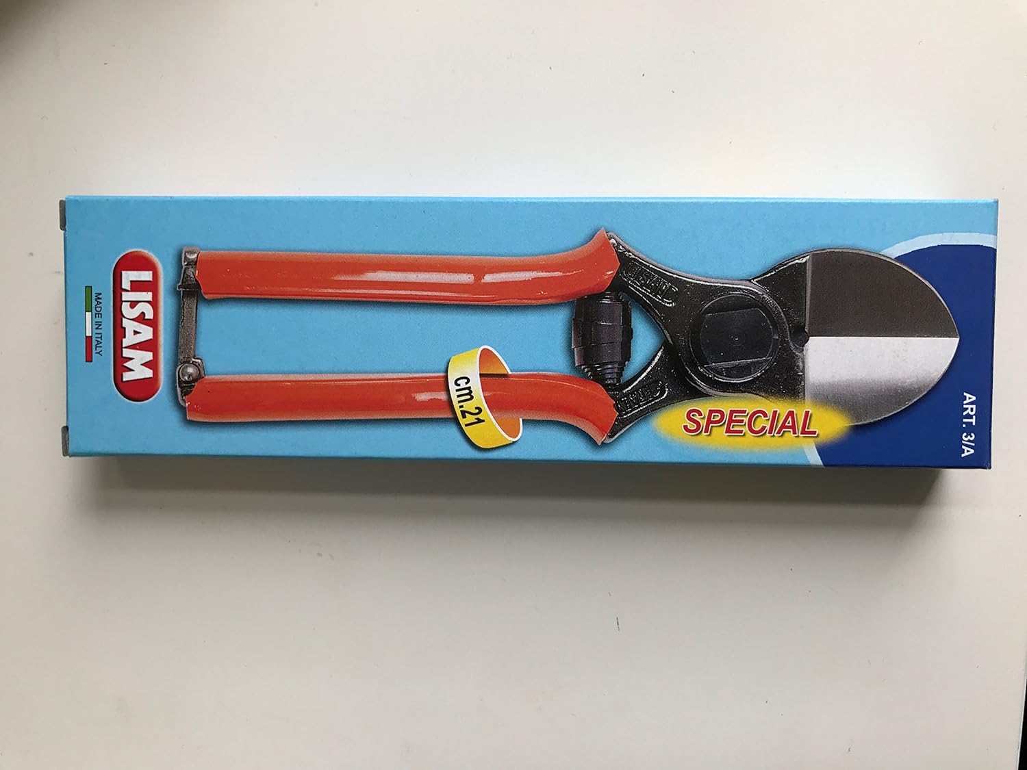 Forbici da potatura Lisam Special, modello ART. 31A, Made in Italy, con manici arancioni e lama affilata. Lunghezza cm 21, confezione blu con logo Lisam e scritta "Special". Ideali per giardinaggio e potatura professionale.