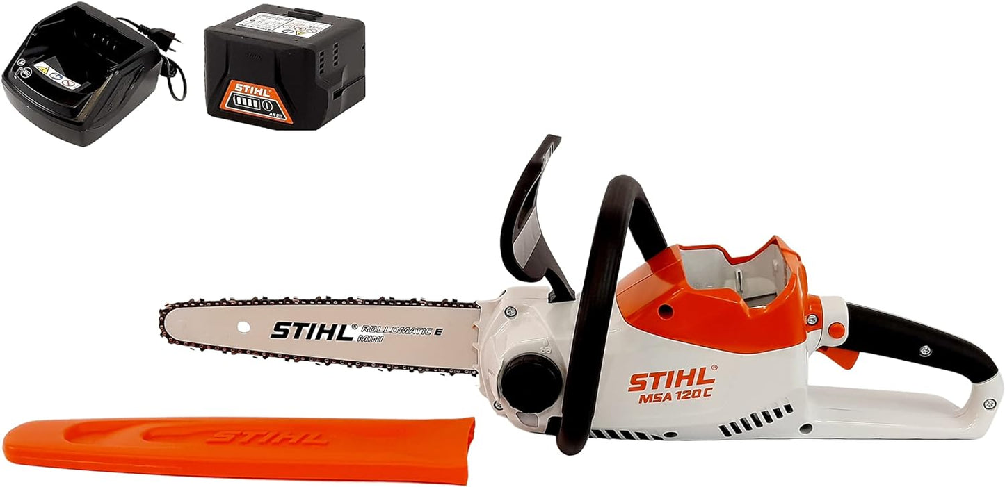 Motosega a batteria STIHL MSA 120 C con barra Rollomatic E Mini, batteria AK 20 e caricabatterie AL 101. Ideale per taglio legna e manutenzione giardino. Design compatto, leggero e maneggevole. Coprilama arancione incluso.