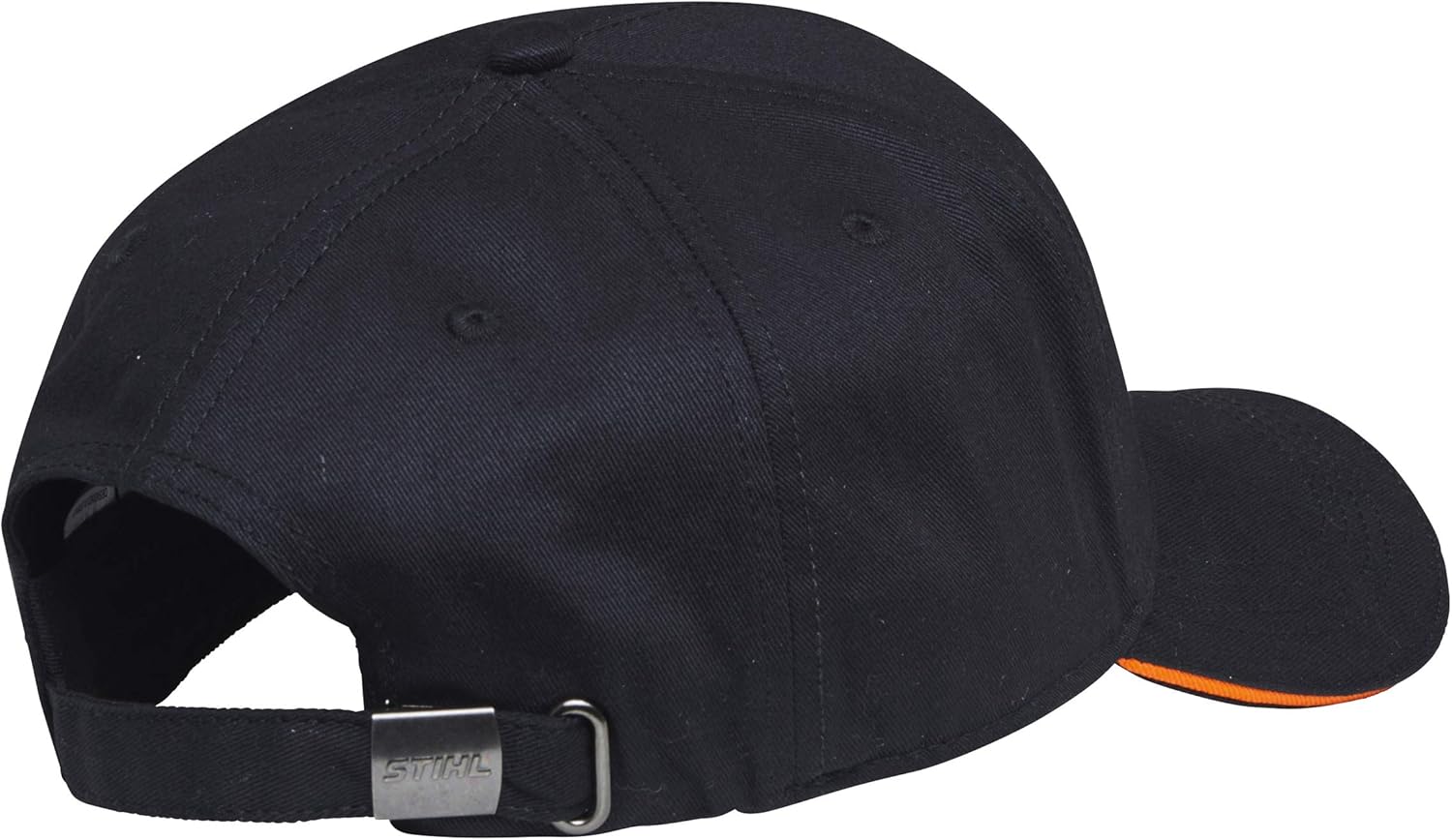 Cappellino nero regolabile con fibbia in metallo marchiata STIHL, visiera curva e dettagli arancioni sul bordo interno. Ideale per protezione dal sole e look casual sportivo. Materiale resistente e design unisex.