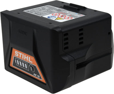 Batteria agli ioni di litio STIHL AK 10, compatibile con attrezzi da giardinaggio STIHL, capacità 2.0 Ah, tensione 36V, lunga durata, ricaricabile, adatta per tagliasiepi, tosaerba e decespugliatori, colore nero e arancione, alta qualità.