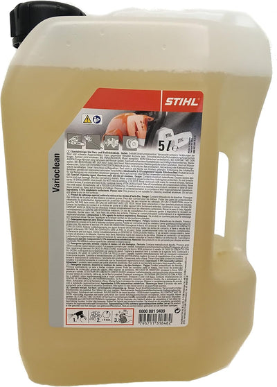 Tanica di detergente STIHL Varioclean da 5 litri per la pulizia di attrezzature da giardinaggio e motoseghe. Prodotto specifico per la rimozione di resine e sporco ostinato. Etichetta con istruzioni d'uso e avvertenze di sicurezza.