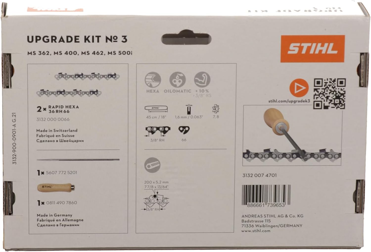 STIHL Upgrade Kit No. 3 per motoseghe MS 362, MS 400, MS 462, MS 500i. Include 2 catene Rapid Hexa 36 RH 66, una lima e un manico. Fabbricato in Svizzera e Germania. Codice prodotto: 3132 000 0066. Ottimizza prestazioni e durata.