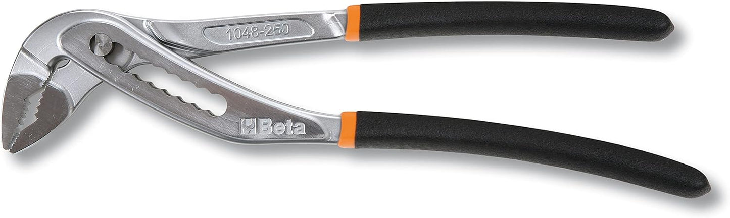 Pinza regolabile Beta 1048-250, utensile per idraulica e meccanica, in acciaio resistente con impugnatura ergonomica antiscivolo nera e inserti arancioni, ideale per serraggio e bloccaggio di tubi e raccordi. Lunghezza 250 mm.