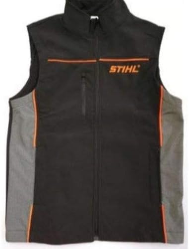 Gilet da lavoro STIHL nero e grigio con accenti arancioni, logo STIHL sul petto, chiusura a zip, tasca con cerniera sul lato sinistro. Perfetto per lavori all'aperto, resistente e confortevole. Abbigliamento da lavoro di alta qualità.