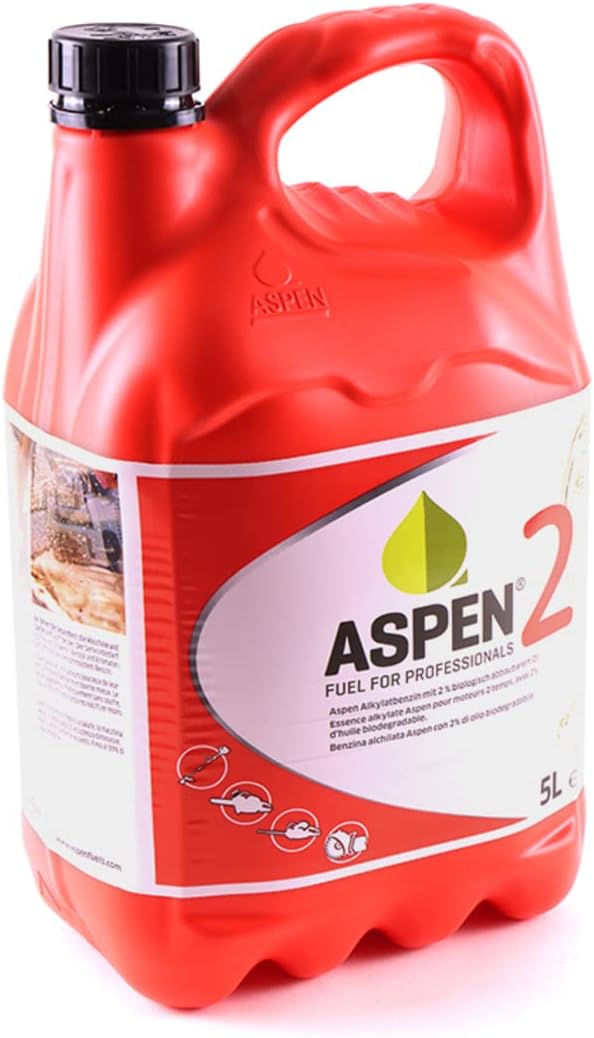 Tanica di carburante Aspen 2 per professionisti, 5 litri, rosso, con tappo nero. Benzina alchilata con il 2% di olio biodegradabile, ideale per motori a due tempi. Marchio Aspen visibile sull'etichetta.