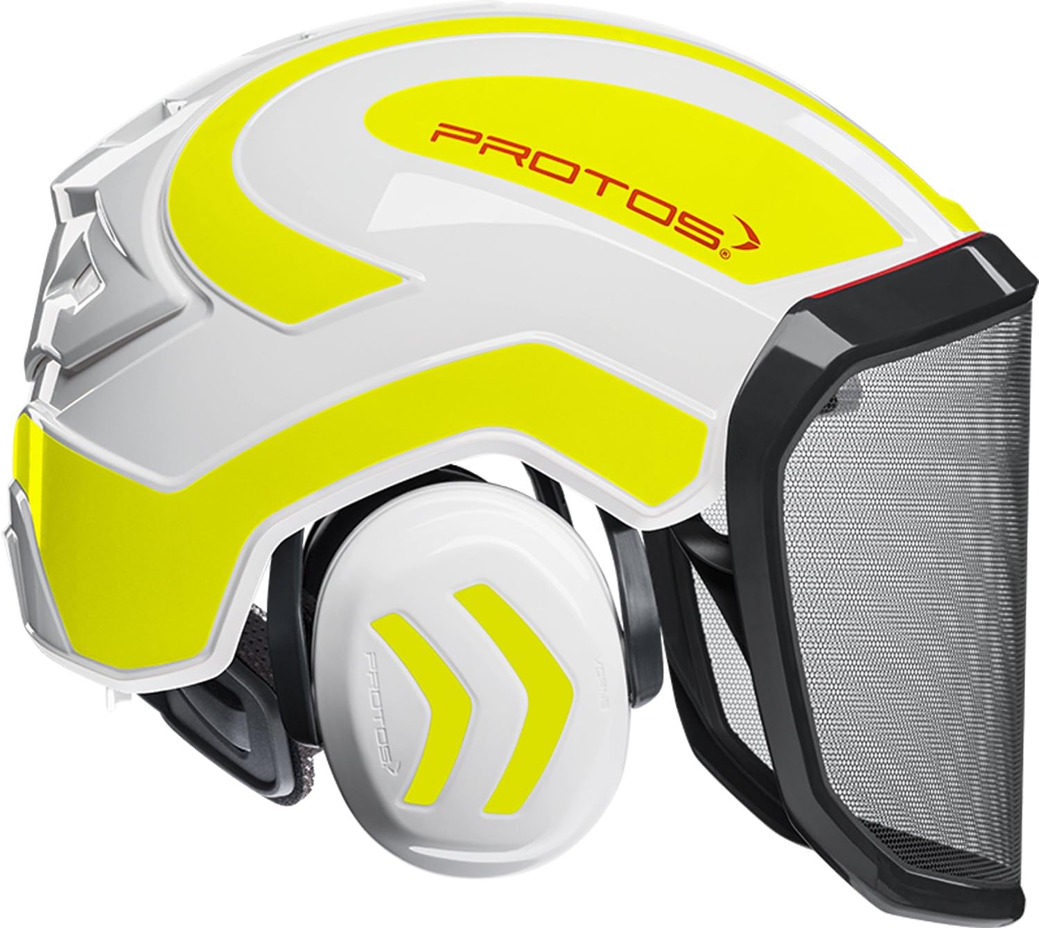 Casco di sicurezza Protos Integral, bianco e giallo, con visiera a rete e protezione auricolare integrata. Ideale per lavori forestali e di arboricoltura, offre massima protezione e comfort. Design ergonomico e alta visibilità.