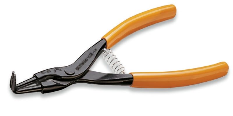 Pinza per anelli elastici di alta qualità con manici arancioni ergonomici. Ideale per rimuovere o installare anelli elastici interni ed esterni. Strumento essenziale per meccanici e fai-da-te. Lunghezza totale 180 mm, modello 12-50.