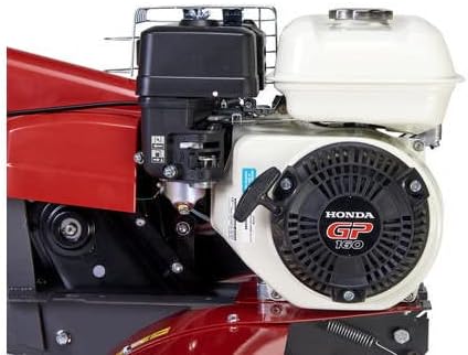 Motore a benzina Honda GP160, 4 tempi, monocilindrico, raffreddato ad aria, montato su attrezzo agricolo rosso. Potenza 4,8 kW, cilindrata 163 cc, avviamento a strappo. Ideale per applicazioni agricole e industriali.