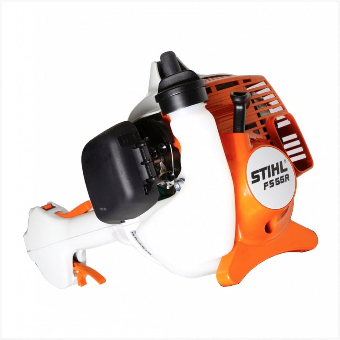 Motore decespugliatore Stihl FS 55 R, design compatto e robusto, colore arancione e bianco, ideale per lavori di giardinaggio e manutenzione del verde, alta efficienza e affidabilità, attrezzo professionale per taglio erba e cespugli.