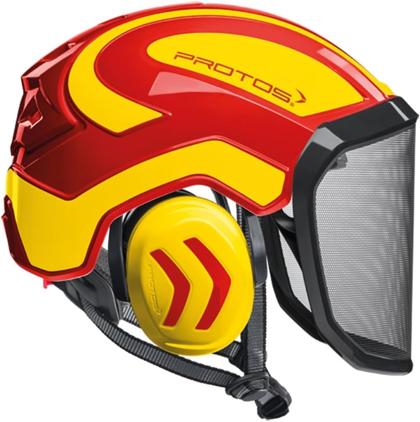 Casco di sicurezza Protos Integral rosso e giallo con visiera protettiva e cuffie antirumore integrate. Ideale per lavori forestali e di arboricoltura, offre massima protezione e comfort. Design moderno e resistente.