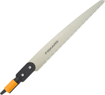 Sega da potatura Fiskars con lama affilata in acciaio inox, impugnatura ergonomica arancione e nera, ideale per giardinaggio e taglio di rami, attrezzo da giardino di alta qualità, resistente e durevole.