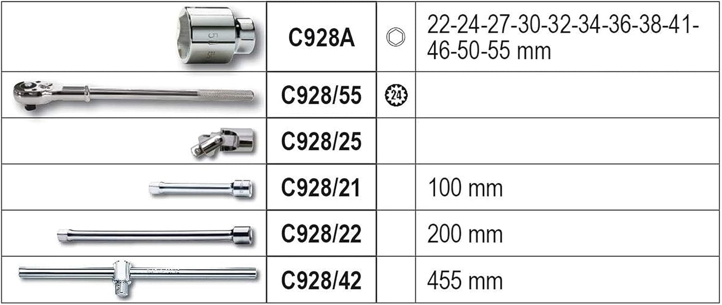 Set di strumenti meccanici C928A con chiavi a bussola esagonali (22-55 mm), cricchetto C928/55, snodo C928/25, prolunghe C928/21 (100 mm), C928/22 (200 mm) e leva C928/42 (455 mm). Ideale per lavori di precisione.