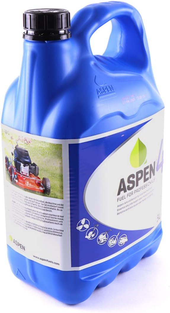 Tanica di carburante Aspen 4 per motori a 4 tempi, 5 litri, colore blu. Carburante ecologico per tosaerba, attrezzi da giardino e macchine agricole. Tanica con tappo nero e manico ergonomico. Prodotto sicuro e di alta qualità per uso professionale.