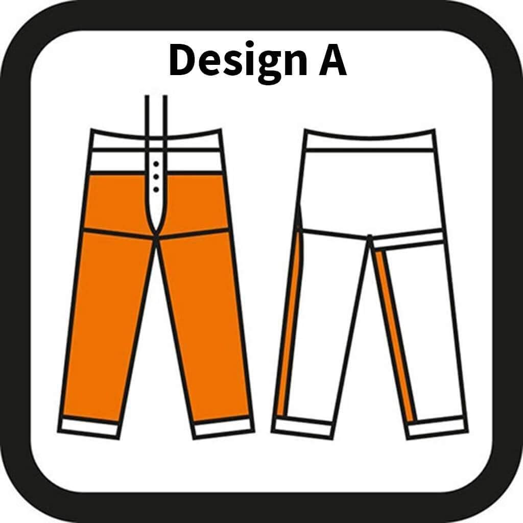 Illustrazione tecnica di pantaloni Design A, vista frontale e posteriore. Pantaloni arancioni con dettagli bianchi, chiusura con bottoni, cintura alta e tasche laterali. Ideali per moda casual e outdoor. Design moderno e funzionale.