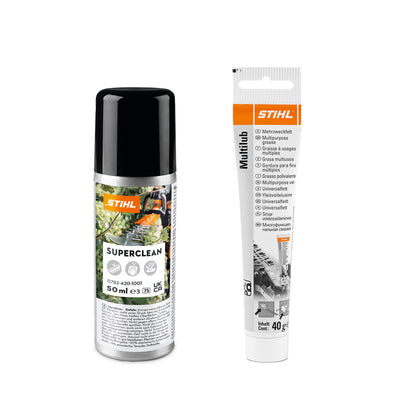 Vista frontale del Care & Clean Kit - HS STIHL, comprensivo di Superclean e Multilub