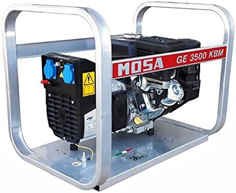 Generatore di corrente MOSA GE 3500 KBM, portatile, con struttura in metallo robusta, dotato di prese elettriche blu e interruttore di sicurezza giallo. Ideale per uso industriale e domestico. Alta efficienza e durata.