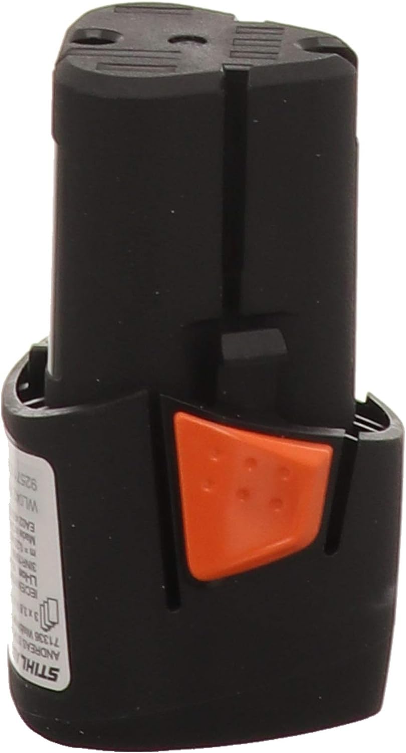 Batteria ricaricabile agli ioni di litio da 10,8V per utensili elettrici, colore nero con pulsante arancione. Ideale per trapani, avvitatori e altri strumenti cordless. Alta capacità e lunga durata per prestazioni ottimali.