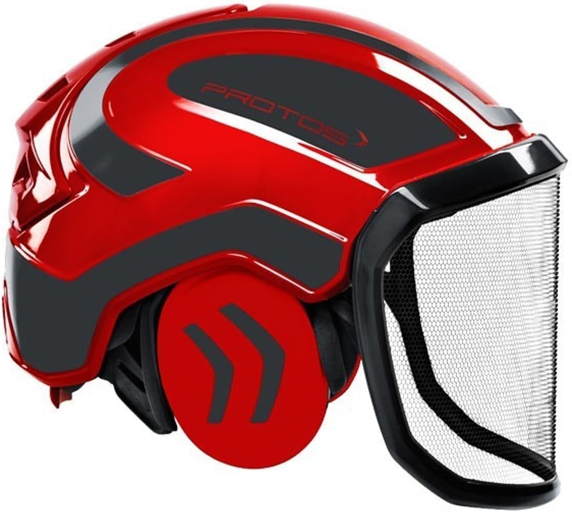 Casco di sicurezza forestale Protos Integral, rosso e nero, con protezione viso in rete e cuffie antirumore integrate. Ideale per lavori di arboricoltura e silvicoltura. Design ergonomico e robusto per massima protezione e comfort.