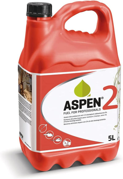 Tanica da 5 litri di carburante Aspen 2 per motori a 2 tempi, con olio biodegradabile al 2%. Contenitore rosso con manico e tappo nero, etichetta bianca con logo verde e scritte nere. Adatto per uso professionale.