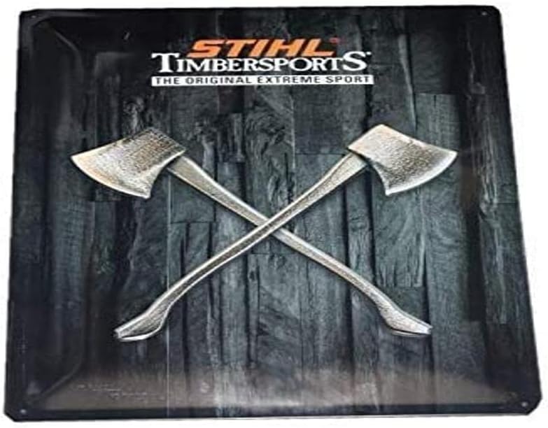 Stihl Timbersports poster con due asce incrociate su sfondo di legno scuro, logo Stihl Timbersports e slogan "The Original Extreme Sport". Decorazione per appassionati di sport estremi e taglio del legno.