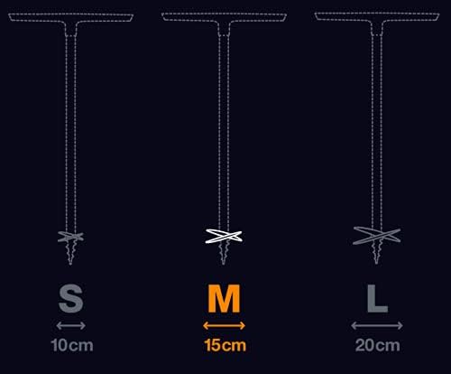 Immagine che mostra tre misure di viti a terra per tende: piccola (S) da 10 cm, media (M) da 15 cm e grande (L) da 20 cm, con la misura media evidenziata in arancione. Sfondo nero per contrasto.