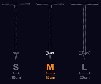 Immagine che mostra tre misure di viti a terra per tende: piccola (S) da 10 cm, media (M) da 15 cm e grande (L) da 20 cm, con la misura media evidenziata in arancione. Sfondo nero per contrasto.