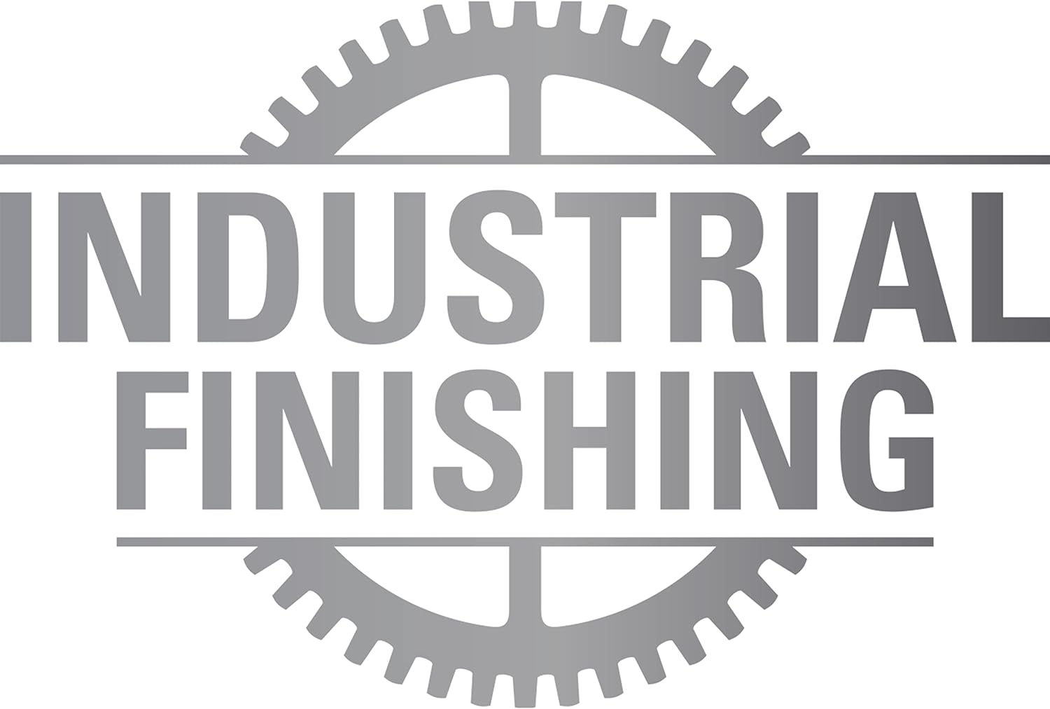 Logo grigio con testo "Industrial Finishing" sovrapposto a un ingranaggio stilizzato. Rappresenta servizi di finitura industriale, lavorazione dei metalli, verniciatura e rivestimenti protettivi per migliorare la qualità e la durata dei prodotti.