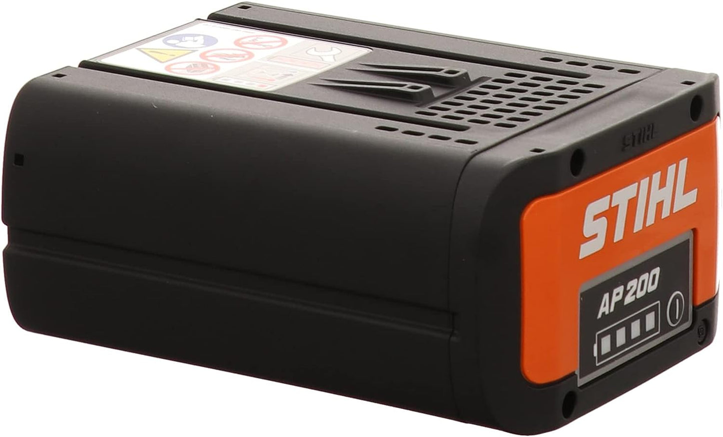 Batteria agli ioni di litio STIHL AP 200 per attrezzi da giardinaggio, capacità elevata, lunga durata, indicatore di carica LED, compatibile con vari modelli STIHL, colore nero e arancione, ideale per uso professionale e domestico.